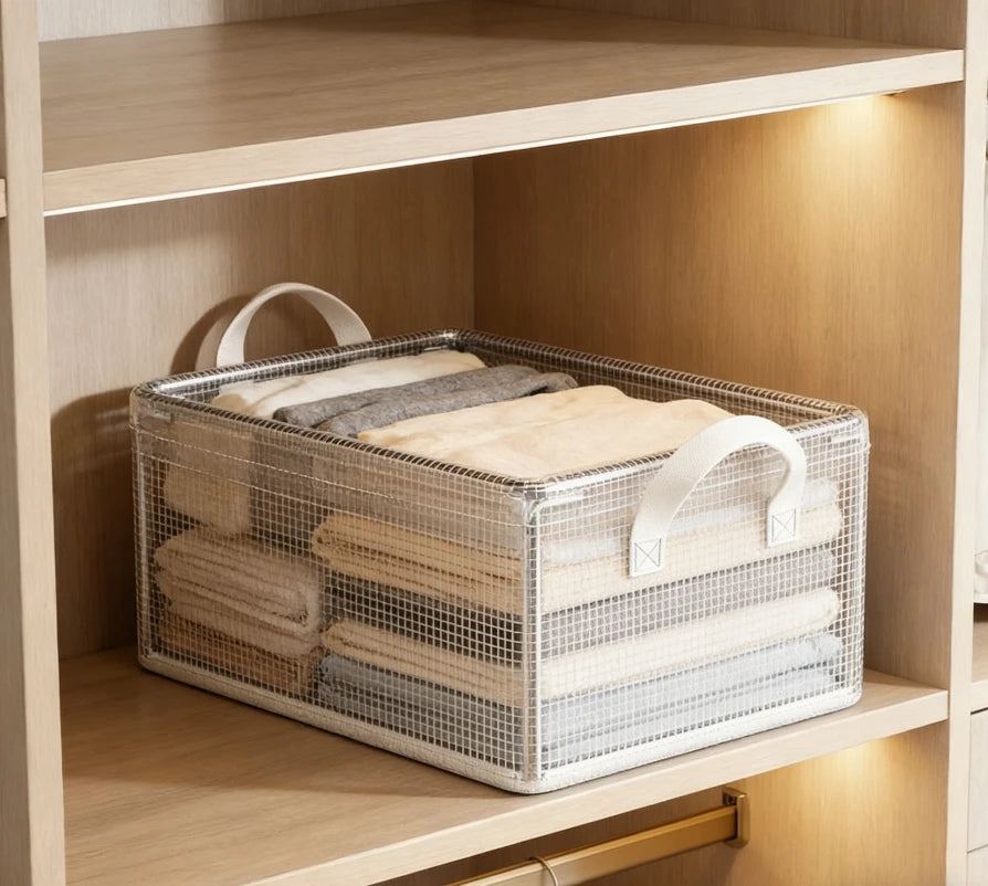 Transparent PVC Foldable Storage Bins with Solid Steel Frame, Waterproof Dustproof Closet Organizer, Mesh Storage Basket for Clo